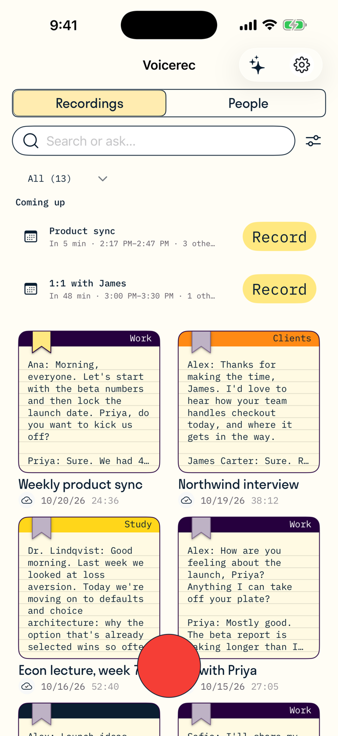Voicerec Home with Coming up: Product sync in 5 minutes with 3 others and a 1:1 at 3 PM, each with a Record button