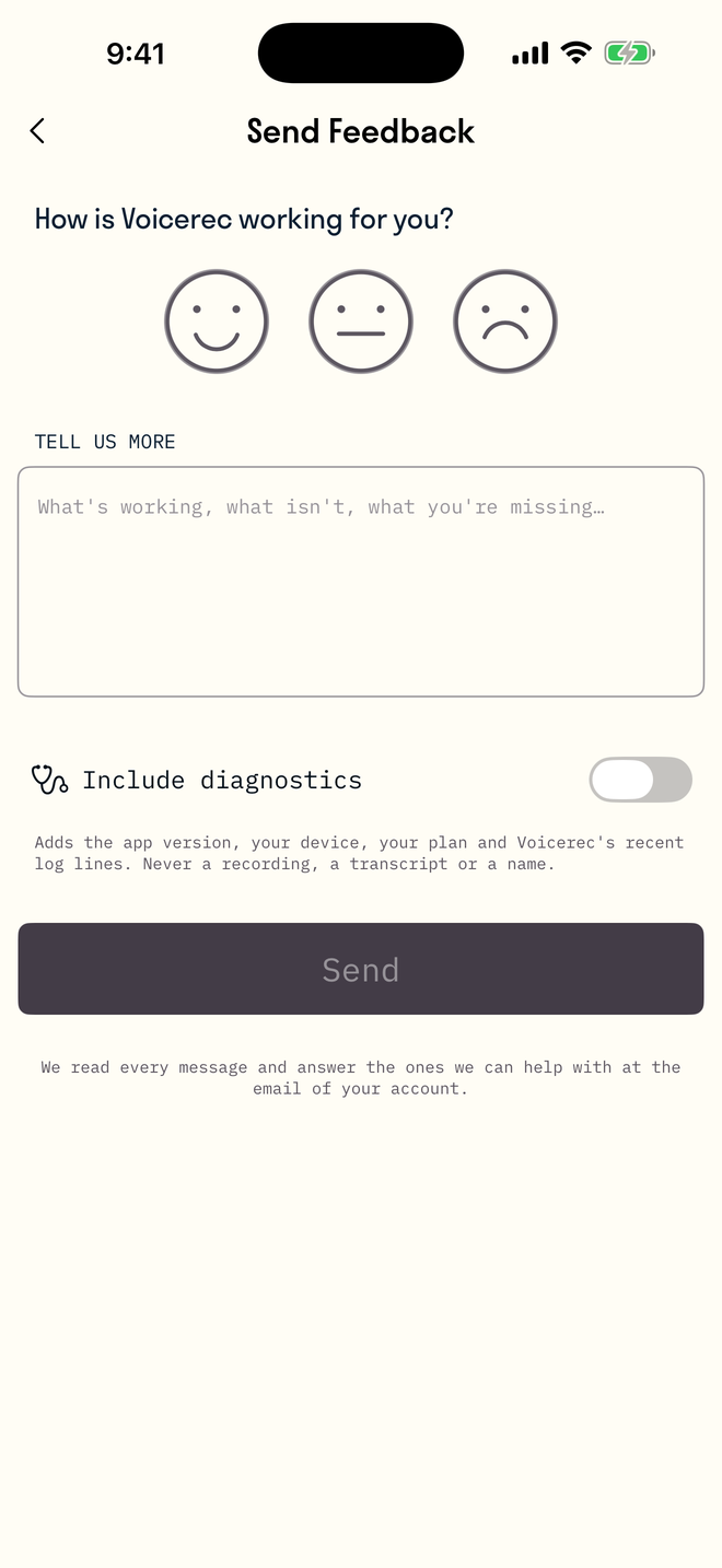 The Send Feedback screen with three faces, a message field and an Include diagnostics switch