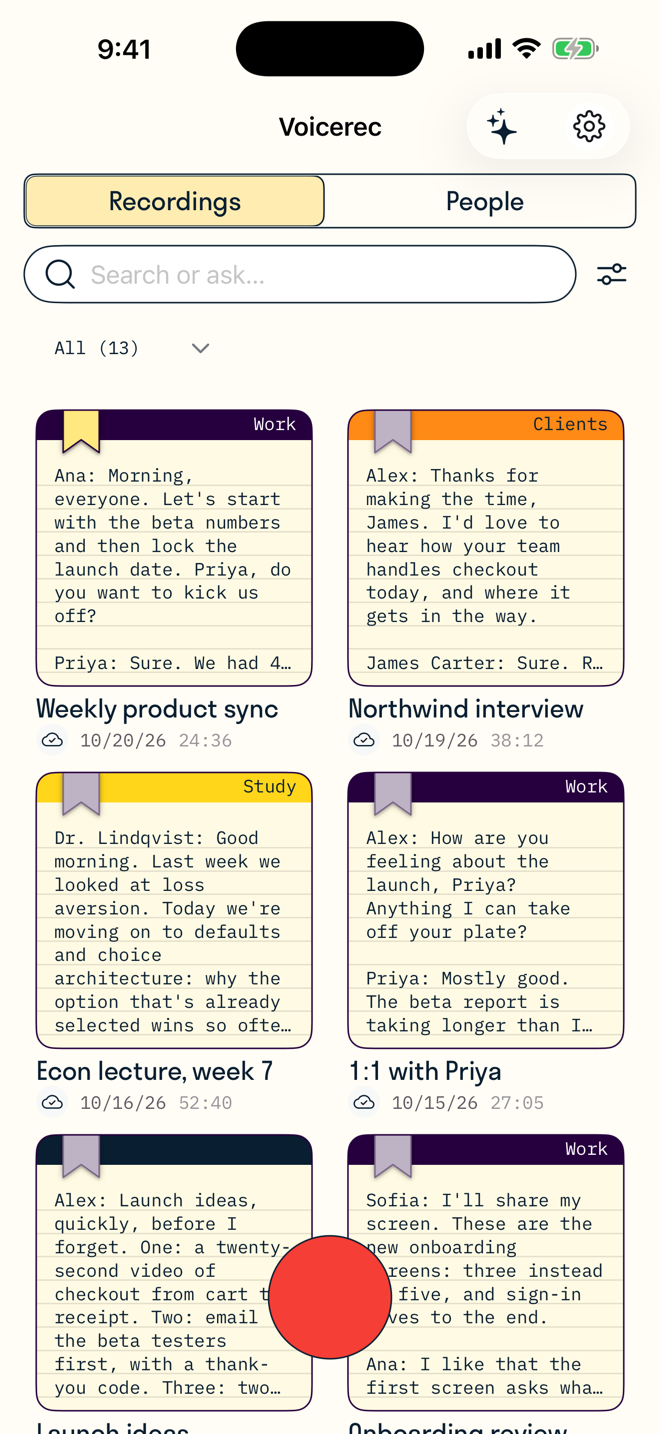 Your recordings on iPhone, with collections and the first lines of each transcript