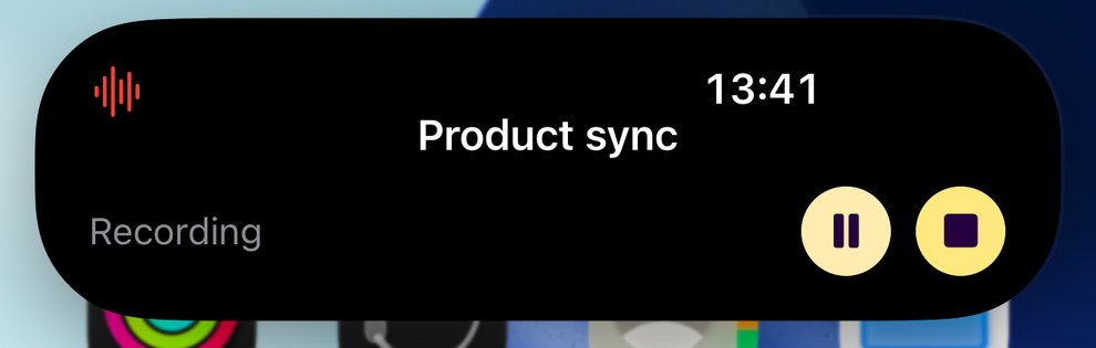 The Dynamic Island showing Product sync recording for 13 minutes, with pause and stop buttons