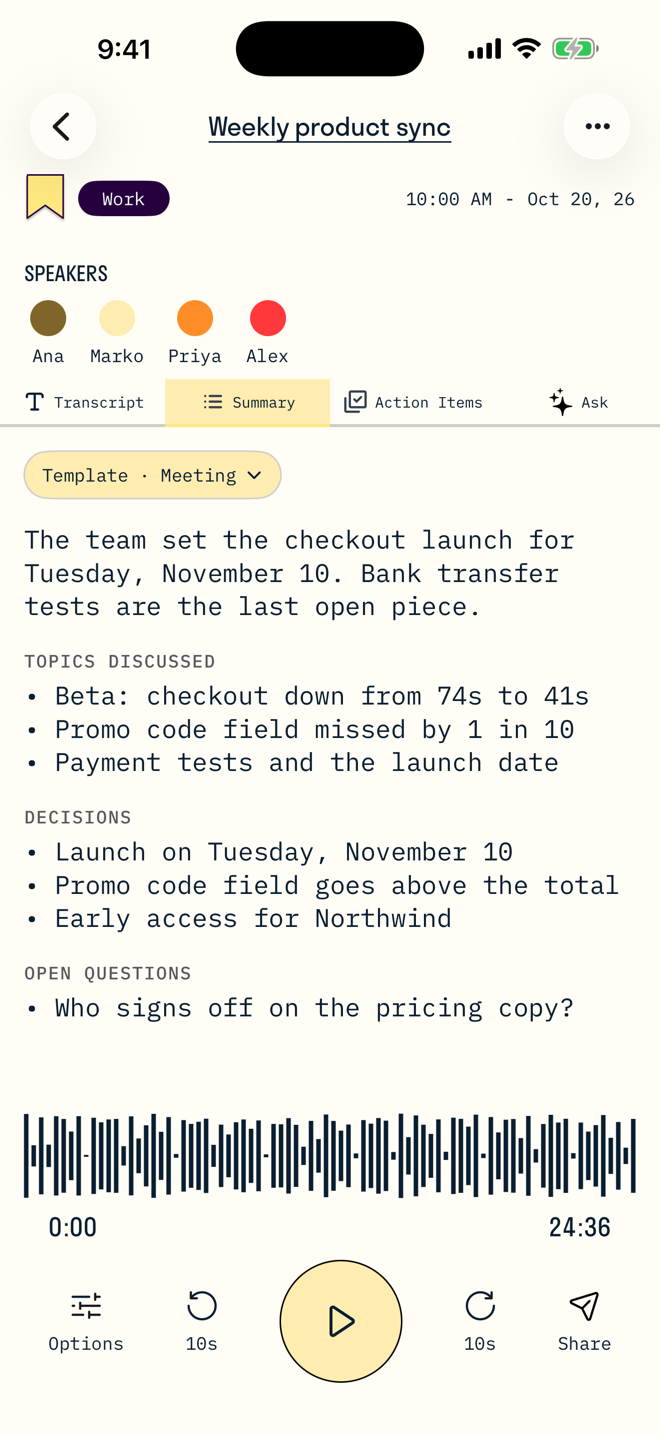 A meeting summary with decisions and open questions