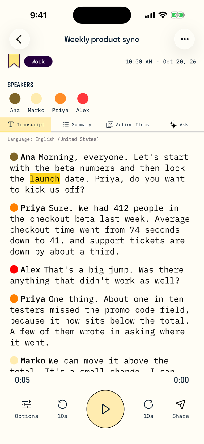A transcript with named speakers and the player a few seconds in
