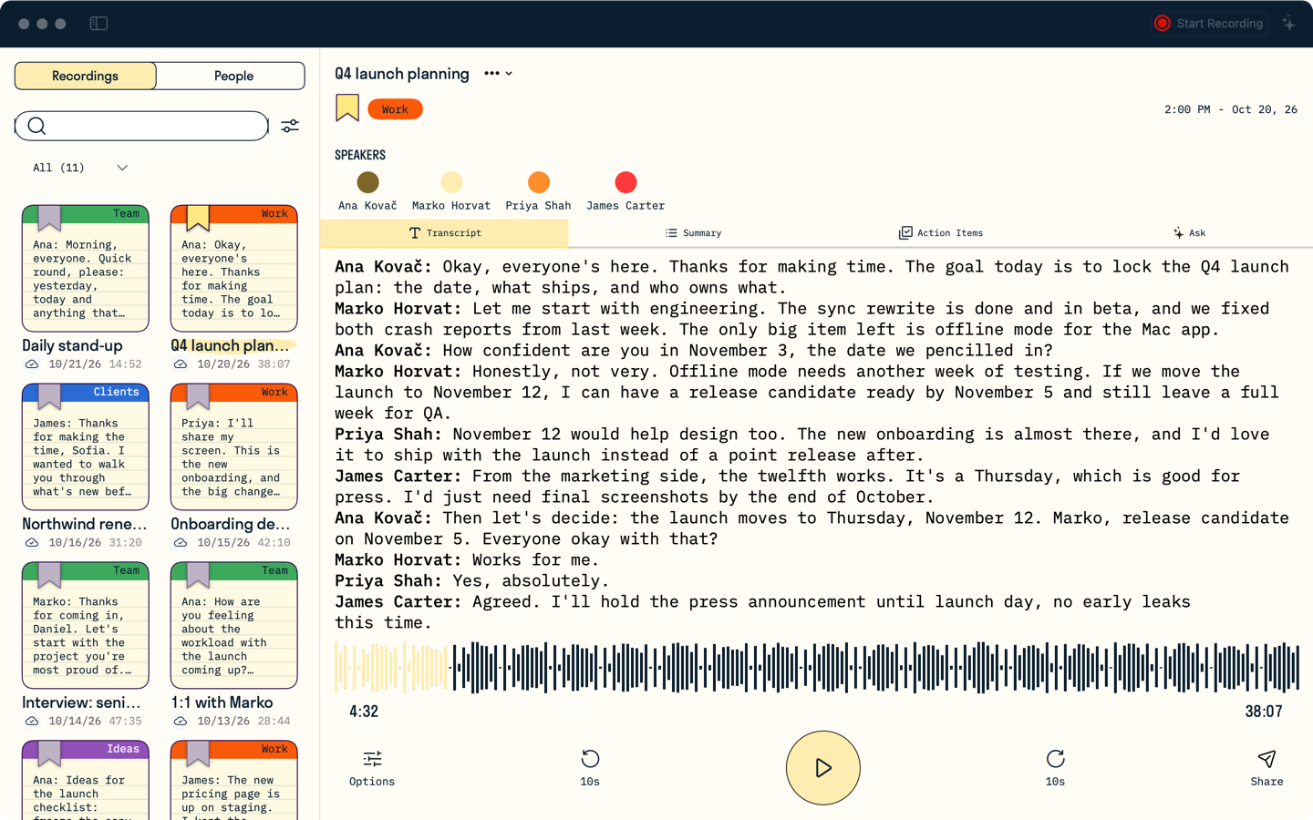 Voicerec for Mac: the recordings list and a transcript with named speakers