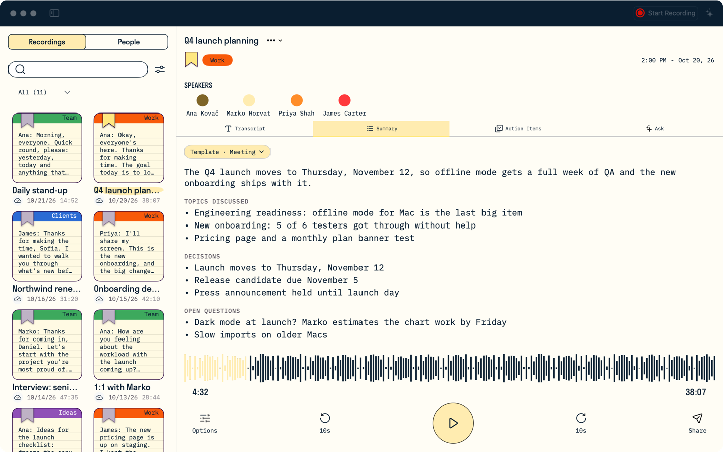 Voicerec for Mac: a meeting summary with the Meeting template